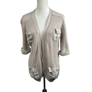 Chico's Open Knit Cardigan Linen Blend Pockets Roll Tab Sleeves Size 3 (XL)